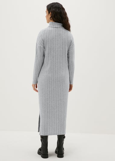 Grey Ribbed Roll Neck Midi Dress