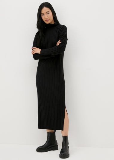 Black Ribbed Roll Neck Midi Dress