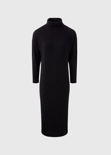 Black Ribbed Roll Neck Midi Dress