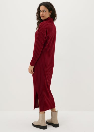 Burgundy Ribbed Roll Neck Midi Dress