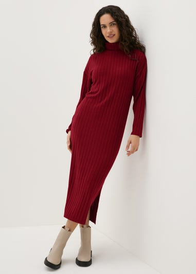 Burgundy Ribbed Roll Neck Midi Dress