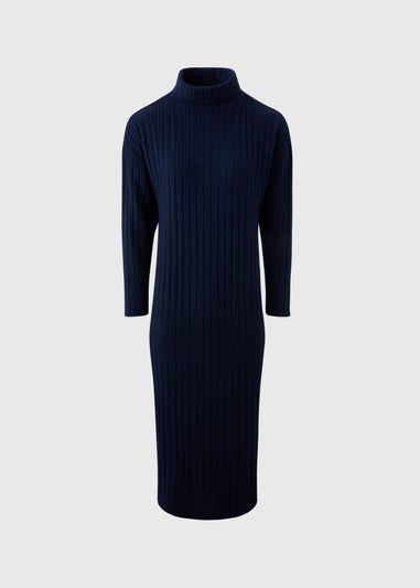 Navy Ribbed Roll Neck Midi Dress