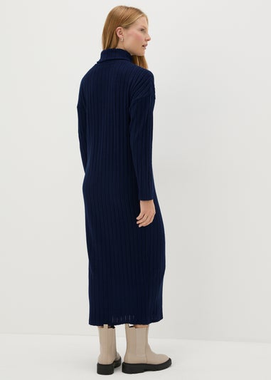 Navy Ribbed Roll Neck Midi Dress