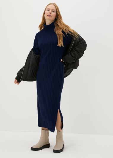 Navy Ribbed Roll Neck Midi Dress