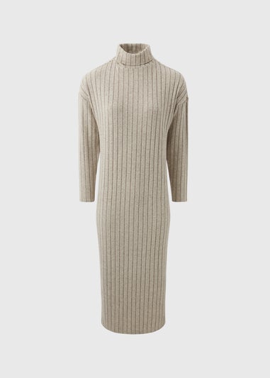 Cream Ribbed Roll Neck Midi Dress