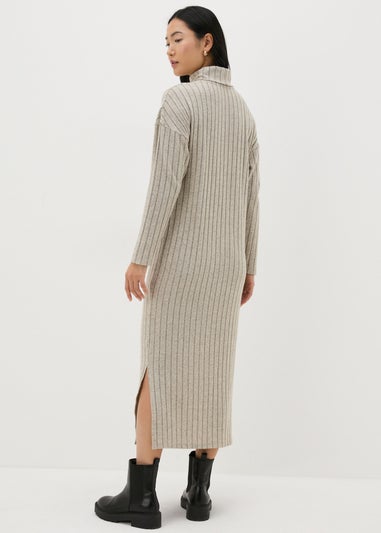 Cream Ribbed Roll Neck Midi Dress