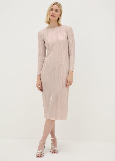 Pink Metallic Plisse Midi Dress