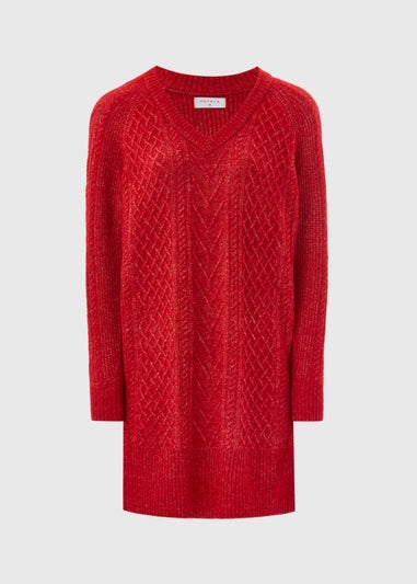 Red Cable Knit V Neck Mini Dress