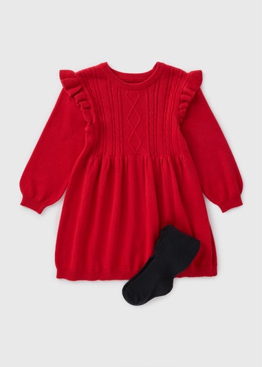 Girls Red Cable Knit Skater Dress (1-7yrs)