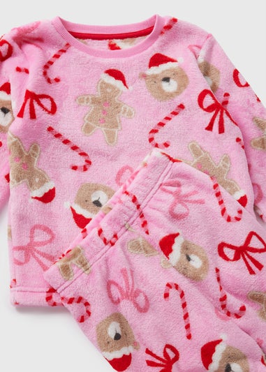 Girls Pink Christmas Gingerbread Fleece Pyjama Set (1-7yrs)