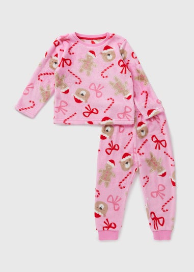 Girls Pink Christmas Gingerbread Fleece Pyjama Set (1-7yrs)