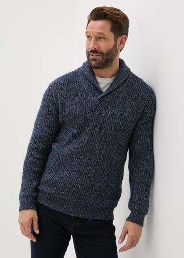 Blue Knitted Shawl Neck Jumper