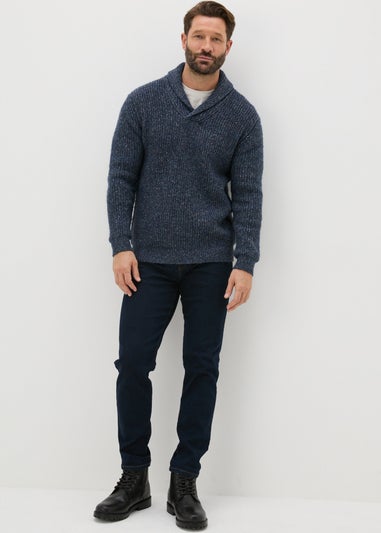 Blue Knitted Shawl Neck Jumper