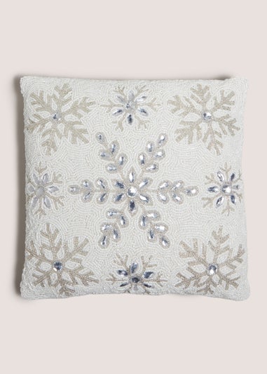 Wondrous White Beaded Snowflake Cushion