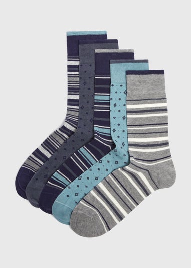 5 Pack Blue Patterned Socks