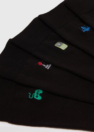 5 Pack Black Gaming Embroidery Socks