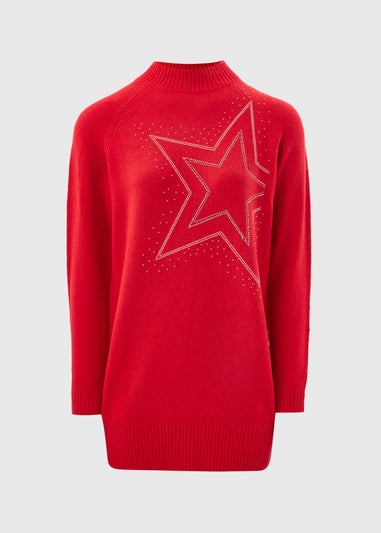 Red Star Embellished Knitted Longline Jumper