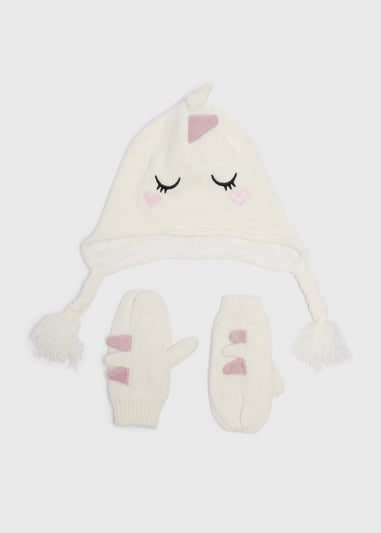 Girls Cream Unicorn Hat & Mitten Set (3-10yrs)