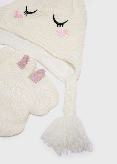 Girls Cream Unicorn Hat & Mitten Set (3-10yrs)