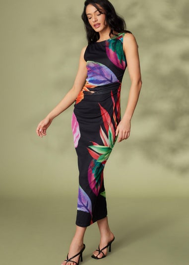 Quiz Black Mesh Tropical Print Midaxi Dress