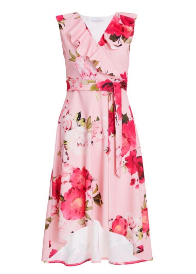Quiz Pink Petite Floral Dip Hem Midi Dress