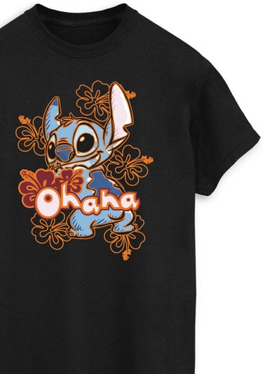 Disney Stitch Ohana Orange Hibiscus Women Black Printed Boyfriend Fit T-Shirt