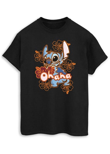 Disney Stitch Ohana Orange Hibiscus Women Black Printed Boyfriend Fit T-Shirt