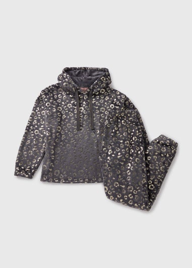 Grey Foil Animal Print Fleece Loungewear Set