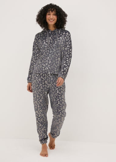 Grey Foil Animal Print Fleece Loungewear Set