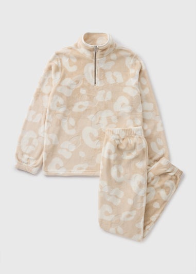 Cream Animal Print Fleece Loungewear Set