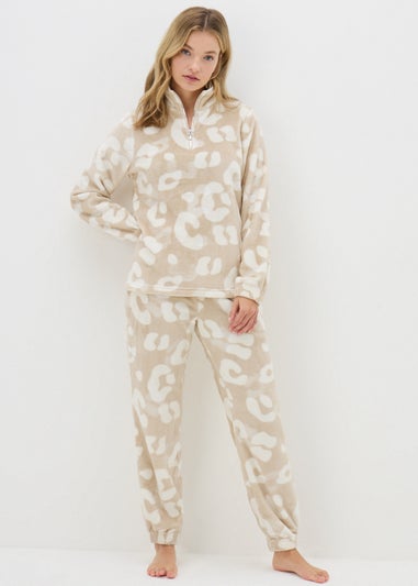 Cream Animal Print Fleece Loungewear Set