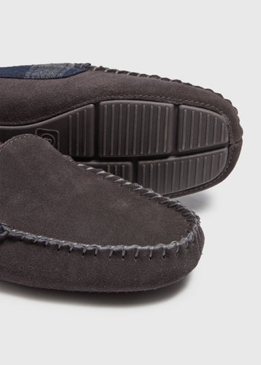 Charcoal Check Suede Moccasin Slippers