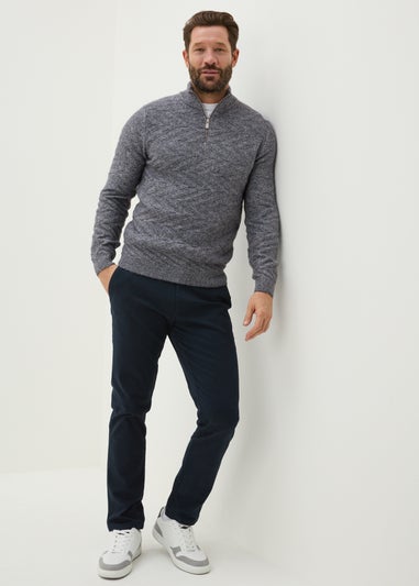 Blue Knitted 1/4 Zip High Neck Jumper