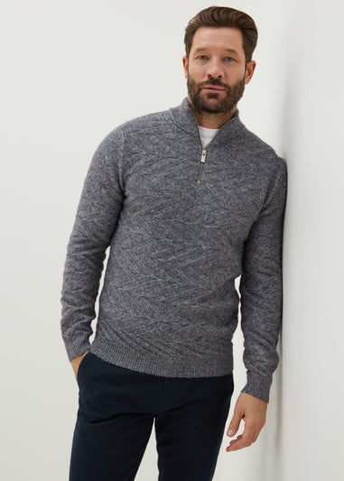 Blue Knitted 1/4 Zip High Neck Jumper