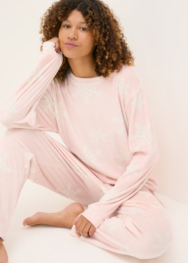 Pink Fleece Snowflake Loungewear Set