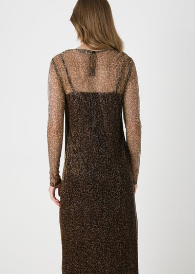 Brown Animal Plisse Midi Dress