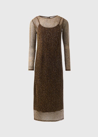 Brown Animal Plisse Midi Dress