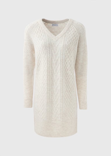 Beige V-Neck Cable Knit Mini Dress