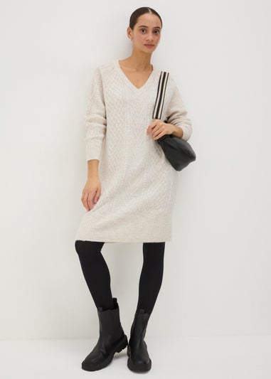 Beige V-Neck Cable Knit Mini Dress