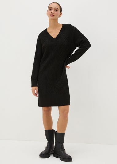 Black V-Neck Cable Knit Mini Dress