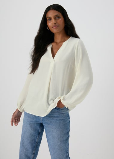 Cream Textured V-Neck Blouse