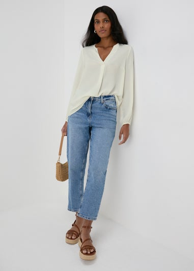 Cream Textured V-Neck Blouse