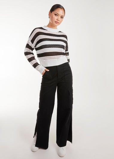 Pink Vanilla Black Striped Crochet Long Sleeve Top