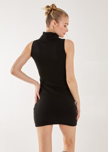 Pink Vanilla Black Brushed Sleeveless Polo Neck Mini Dress