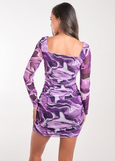 Pink Vanilla Purple Mesh Marble Long Sleeve Mini Dress