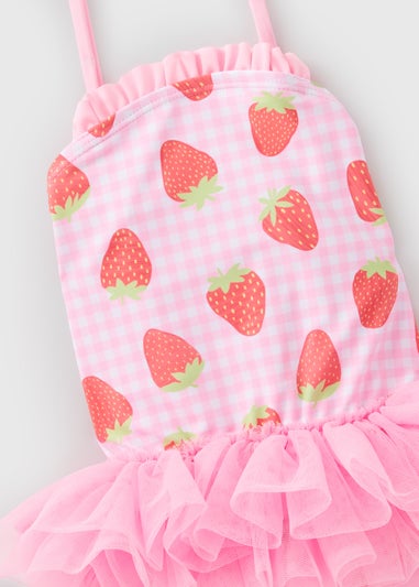 Girls Pink Gingham Strawberry Tutu Swimsuit (1-7yrs)