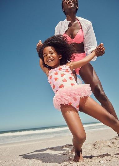 Girls Pink Gingham Strawberry Tutu Swimsuit (1-7yrs)