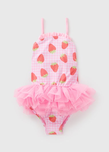 Girls Pink Gingham Strawberry Tutu Swimsuit (1-7yrs)