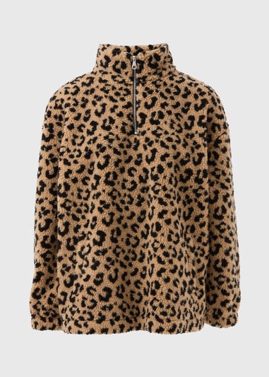 Brown Leopard Borg Half Zip Jumper