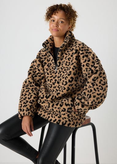 Brown Leopard Borg Half Zip Jumper